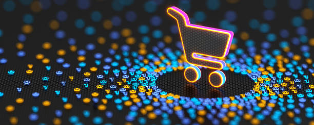istock Shopping cart sign and binary code background. Promotion for digital sales and online shopping. 3d rendering 2182883293