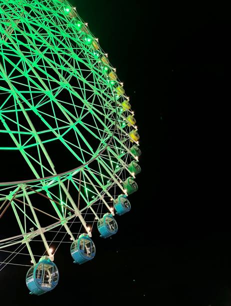 A green highlighted Ferris Wheel under the starts in a perfect night
