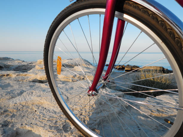 A mountain bike by a beach area
