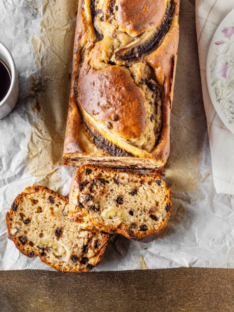 Banana bread. Banana bread with hazelnut and chocolate. Banana cake.
