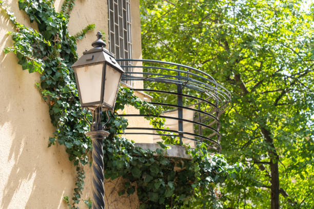 Vintage Street Lamp with Ivy-Covered Balcony