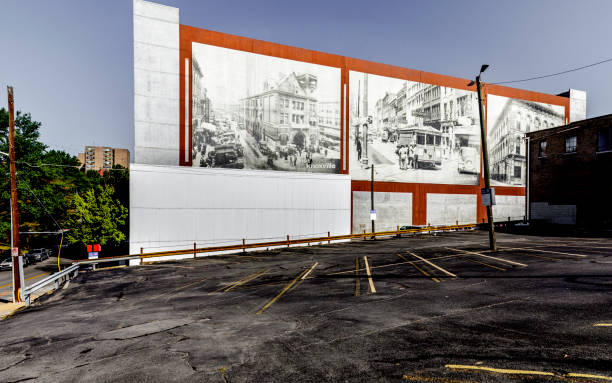 Knoxville, TN, USA-Sept. 22, 2024: Printed historic pictures of Knoxville on the wall of Locust Street Garage. 16X10 aspect.