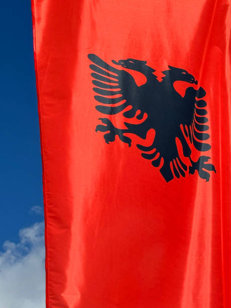 Albania national flag against sky