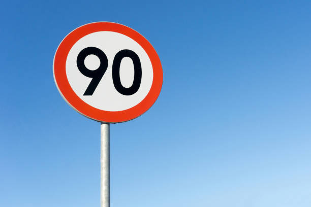 istock Speed limit sign isolated against a blue sky background. Do not drive fast empty copy space. 90 kmph limit. Road safety ninety kilometers per hour. Maximum allowed speed. 2182916223