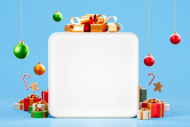 istock Mockup new year square box with colorful balls and presents 2182923222