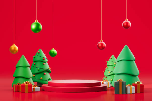 istock Holiday podium with Christmas trees and hanging baubles on red background. 3D Rendering 2182923231
