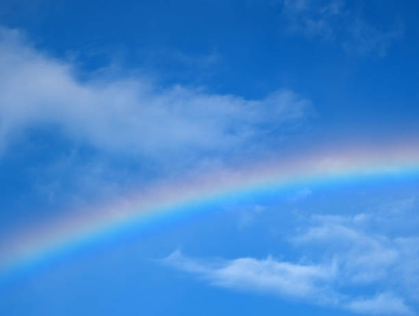 A vibrant rainbow arcs across a clear sky filled with fluffy white clouds during the afternoon sunlight after a brief rain shower