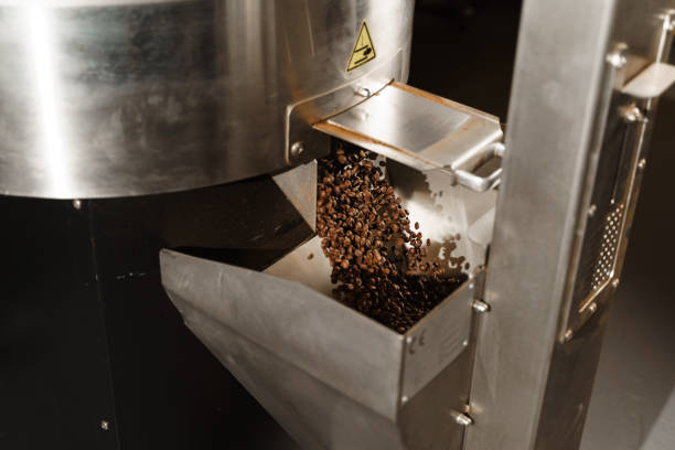 istock Coffee roasting process in the facility. Pouring freshly roasted coffee beans after roasting. Professional coffee beans equipment. 2182932825
