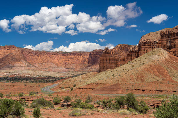 Panoramic view of red sandstone rocks including Chimney Rock from Panorama Point in Capitol Reef National Park in southern Utah