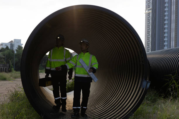 istock The maintenance engineer and construction engineer are planning and inspecting materials for a large drainage pipe and reviewing the progress of the new road construction project downtown. 2182935970