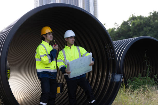 istock The maintenance engineer and construction engineer are planning and inspecting materials for a large drainage pipe and reviewing the progress of the new road construction project downtown. 2182936077
