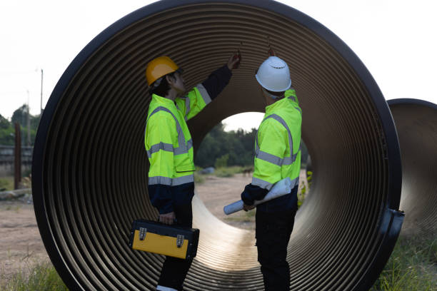 istock The maintenance engineer and construction engineer are planning and inspecting materials for a large drainage pipe and reviewing the progress of the new road construction project downtown. 2182936099