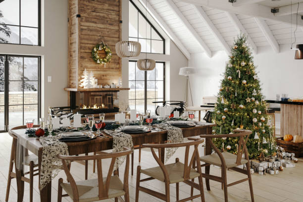 istock Cozy Christmas Dining Room with Rustic Decor and Large Tree 2182938494
