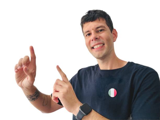 istock Student of Italian as a foreign language indicating something with his hands. 2182939183