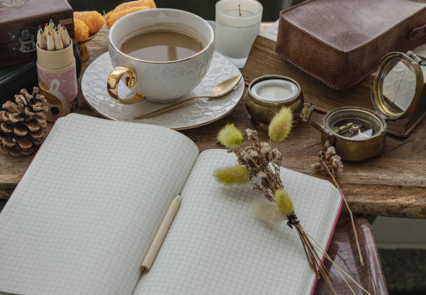 Refreshing with Hot coffee in ceramic cup \nserved with Fresh milk on old wooden worktable with notebook, pencil, colored pencils, dried flowe, small handbag leather and ancient compass. Selective focus.