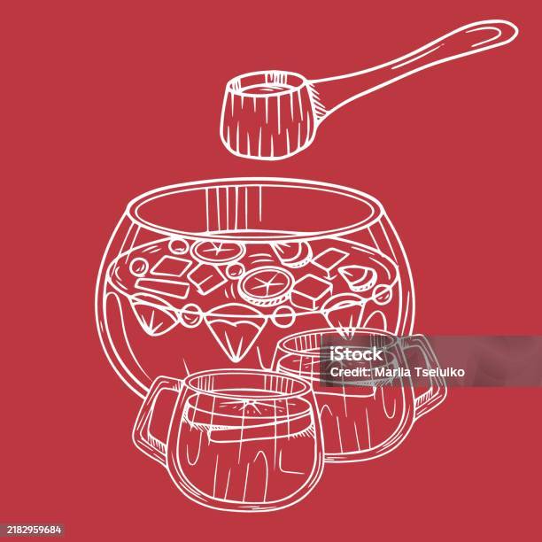 Stock ilustrace Ručně Tažený Sváteční Nápoj Doodle Styl Punč Design Vektorová Ilustrace Nápoje Ve Velké Nádobě Se Dvěma Šálky Punče Nalité Před Ním – stáhnout obrázek nyní