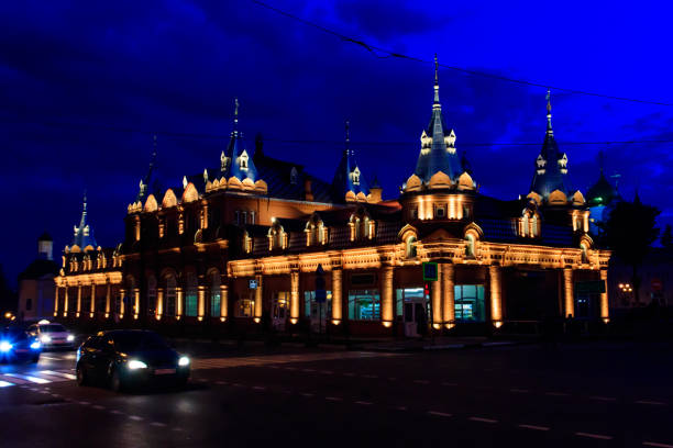 Sergiev Posad, Russia - August 15, 2019: Illuminated restaurant complex \