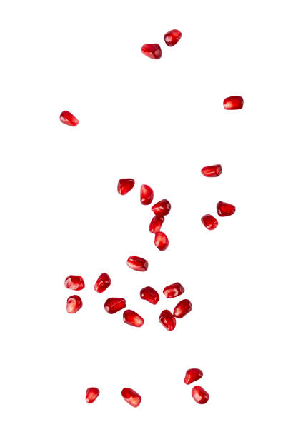 Falling Pomegranate seeds isolated on white background with clipping path, full depth of field