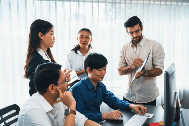 istock Group of diverse office worker employee working together. Prudent 2182972706