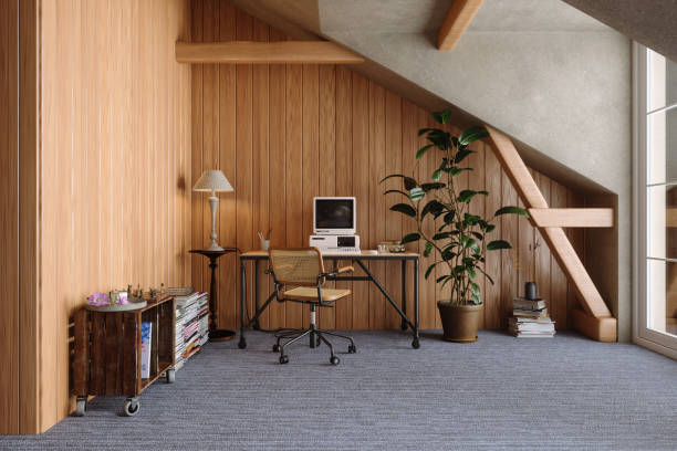 retro style study room with desktop pc, table, potted plant and wooden wall panels - evden çalışma stok fotoğraflar ve resimler