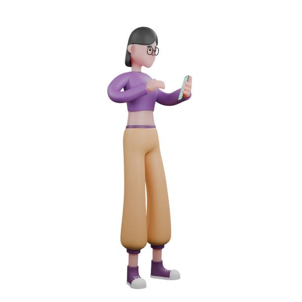 istock 3D Cartoon Dance Performer. A female dancer is standing with her left hand holding a cellphone and her right hand wants to touch the cellphone. Vibrant Animation 2182979549