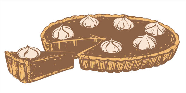 Autumn pumpkin pie with whipped cream. Traditional baking for Thanksgiving and Halloween. Vector illustration in hand-drawn sketch style. Line art in ink.