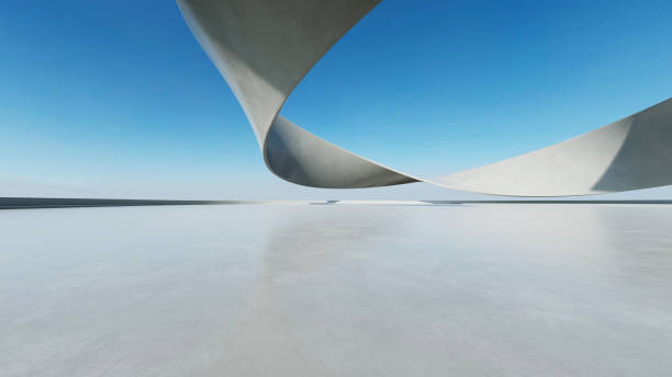istock 3d render of white futuristic architecture, abstract wavy structure with empty concrete floor 2182979911