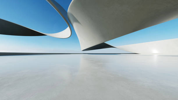 istock 3d render of white futuristic architecture, abstract wavy structure with empty concrete floor 2182979915