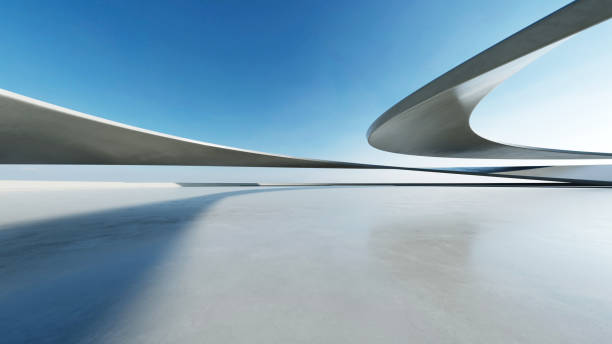 istock 3d render of white futuristic architecture, abstract wavy structure with empty concrete floor 2182979924
