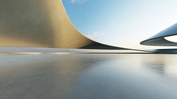 istock 3d render of white futuristic architecture, abstract wavy structure with empty concrete floor 2182979927