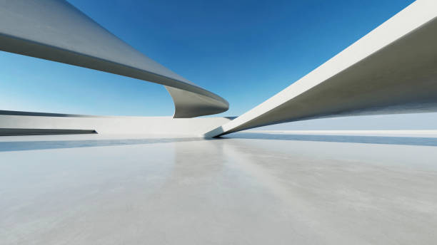 istock 3d render of white futuristic architecture, abstract wavy structure with empty concrete floor 2182979939