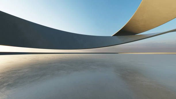 istock 3d render of white futuristic architecture, abstract wavy structure with empty concrete floor 2182979948