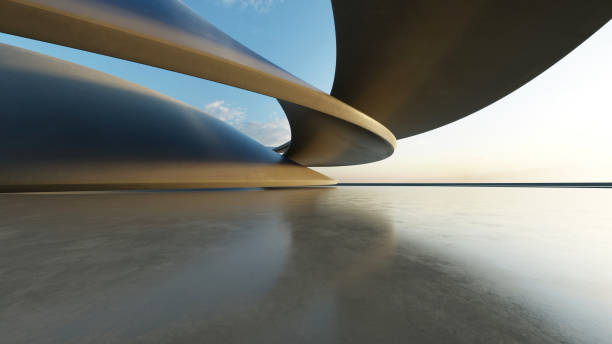 istock 3d render of white futuristic architecture, abstract wavy structure with empty concrete floor 2182979952