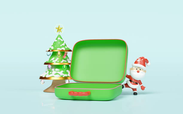 istock 3d open suitcase empty with santa claus, christmas tree, lamp, ornaments isolated on blue background. merry christmas and festive new year holiday travel concept, 3d illustration render 2182980786