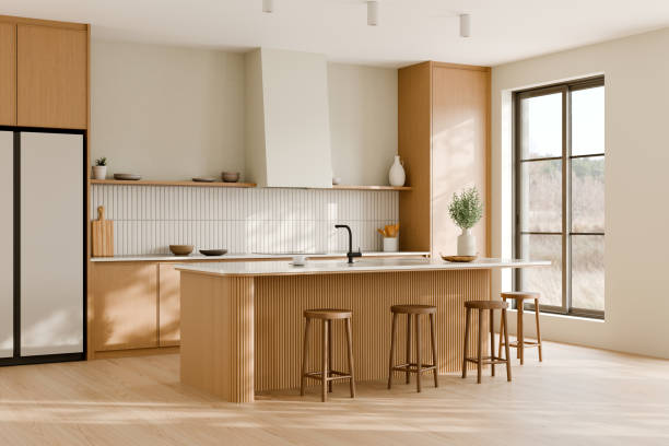 istock Modern kitchen with wood accents and natural light. 3d render. 2182985118