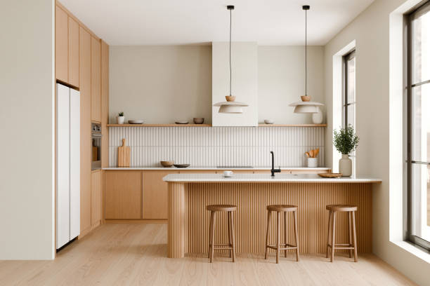 istock Modern kitchen interior with wooden and white accents. 3d render. 2182985131