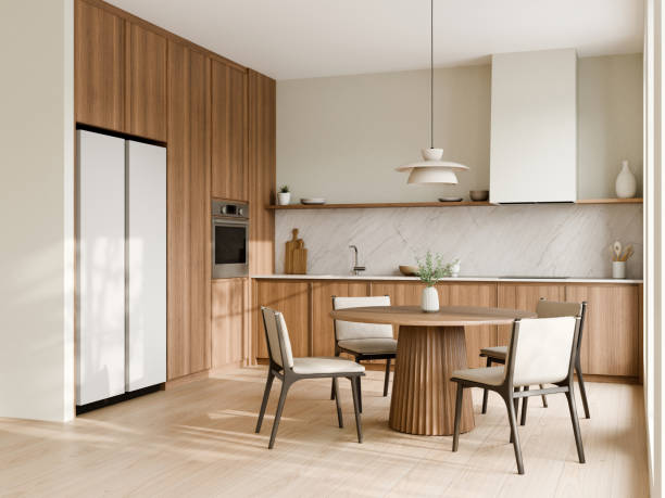 istock Modern kitchen with wooden cabinets and dining set. 3d render. 2182985148