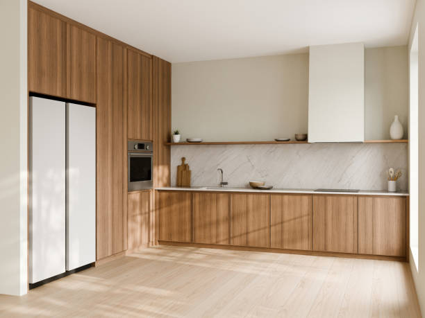 istock Minimalist kitchen design with wood and marble accents. 3d render. 2182985156