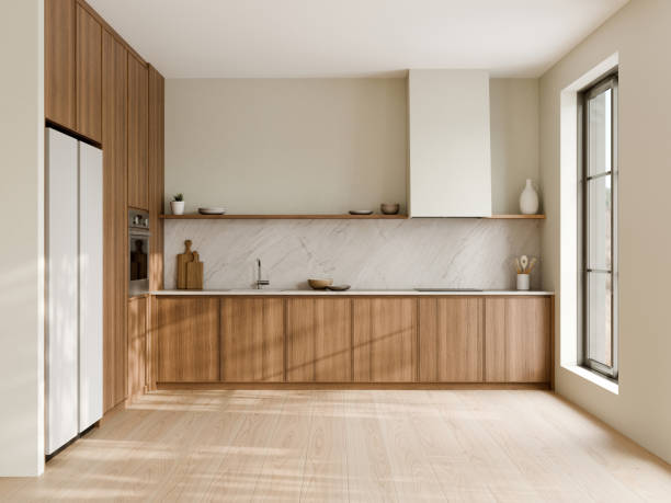 istock Modern minimalist kitchen with wooden cabinetry design. 3d render. 2182985160