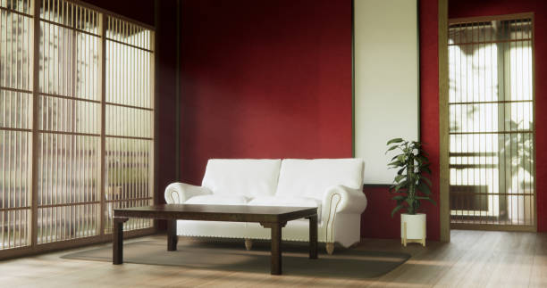 istock The interior color Red room inteior with tatami mat floor.3D rendering 2182989237