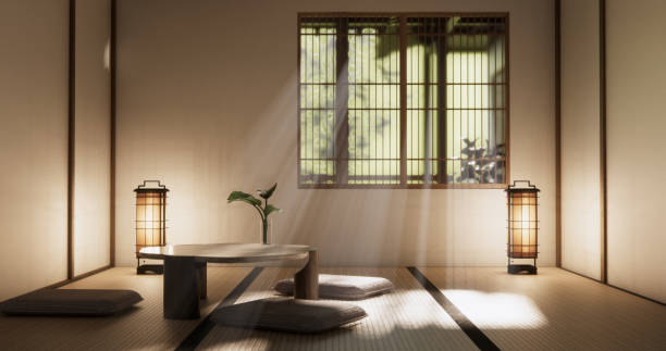 istock low table in room Japanese style with decoration muji minimal. 3D rendering 2182989323