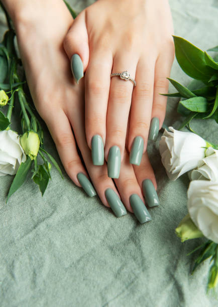 istock Elegant hands adorned with green nail polish surrounded by white roses and greenery on a soft fabric background during daylight 2182990014
