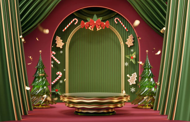 istock Green Merry Christmas event product display podium with decoration background 3d rendering 2182993682