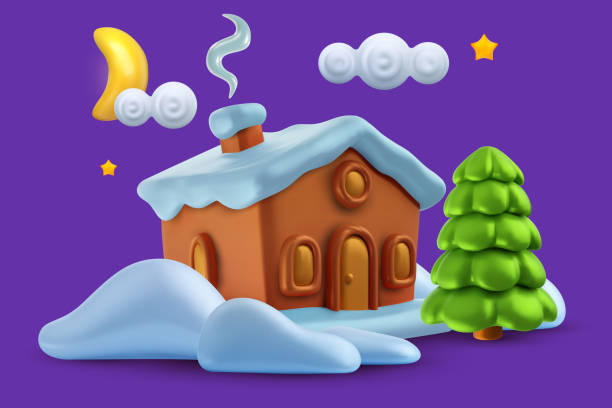 istock 3d realistic cute winter composition with house, xmas tree, snow landscape and night sky. Merry Christmas and Happy New Year modern cartoon background. 2182996047