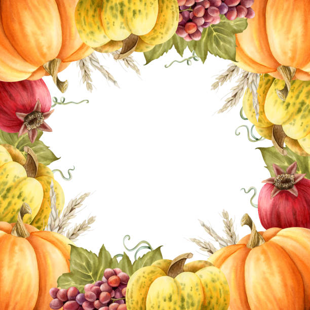 istock Watercolor pumpkins with leaves and ripe pomegranates square frame template watercolor isolated illustration with copy space. Fall autumn farm vegetables label designs for Thanksgiving greetings 2182996554