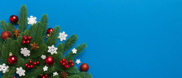 istock Christmas background with fir branches and Christmas decor. Top view, copy space for text 2182996913