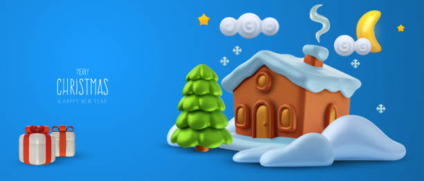 istock Christmas or new year festive composition in 3d realistic style. Chocolate house with xmas tree and gifts on snow hills. Cartoon modern illustration. 2182997119