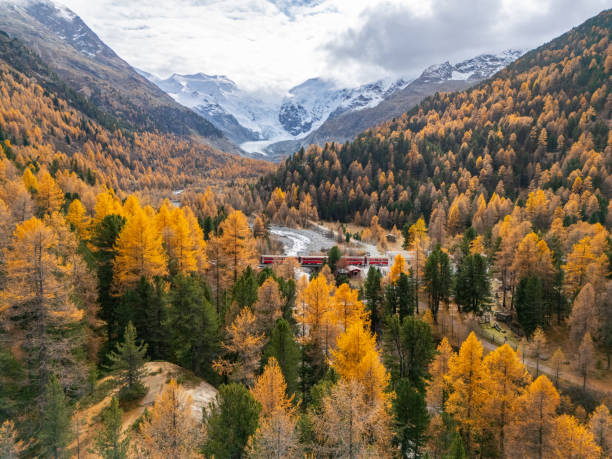 istock Scenic Red Train in Autumn Valley with Snow-Capped Peaks 2183000083