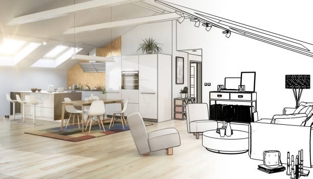 istock Planning of a sunny attic loft apartment - 3D visualization 2183004962
