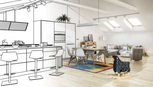 istock Planning of a modern kitchen placed inside an attic loft apartment - 3D Visualization 2183005316